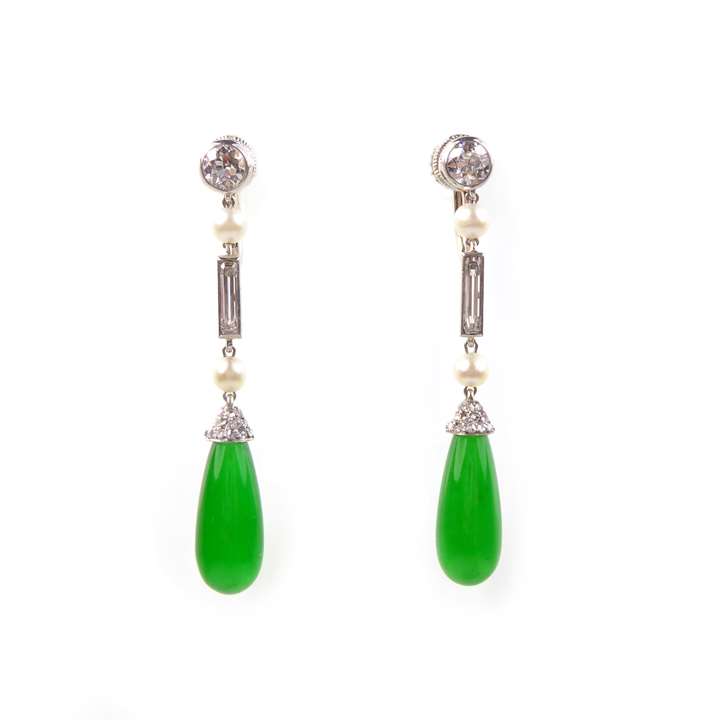 Pair of Art Deco jadeite, diamond and pearl pendant earrings